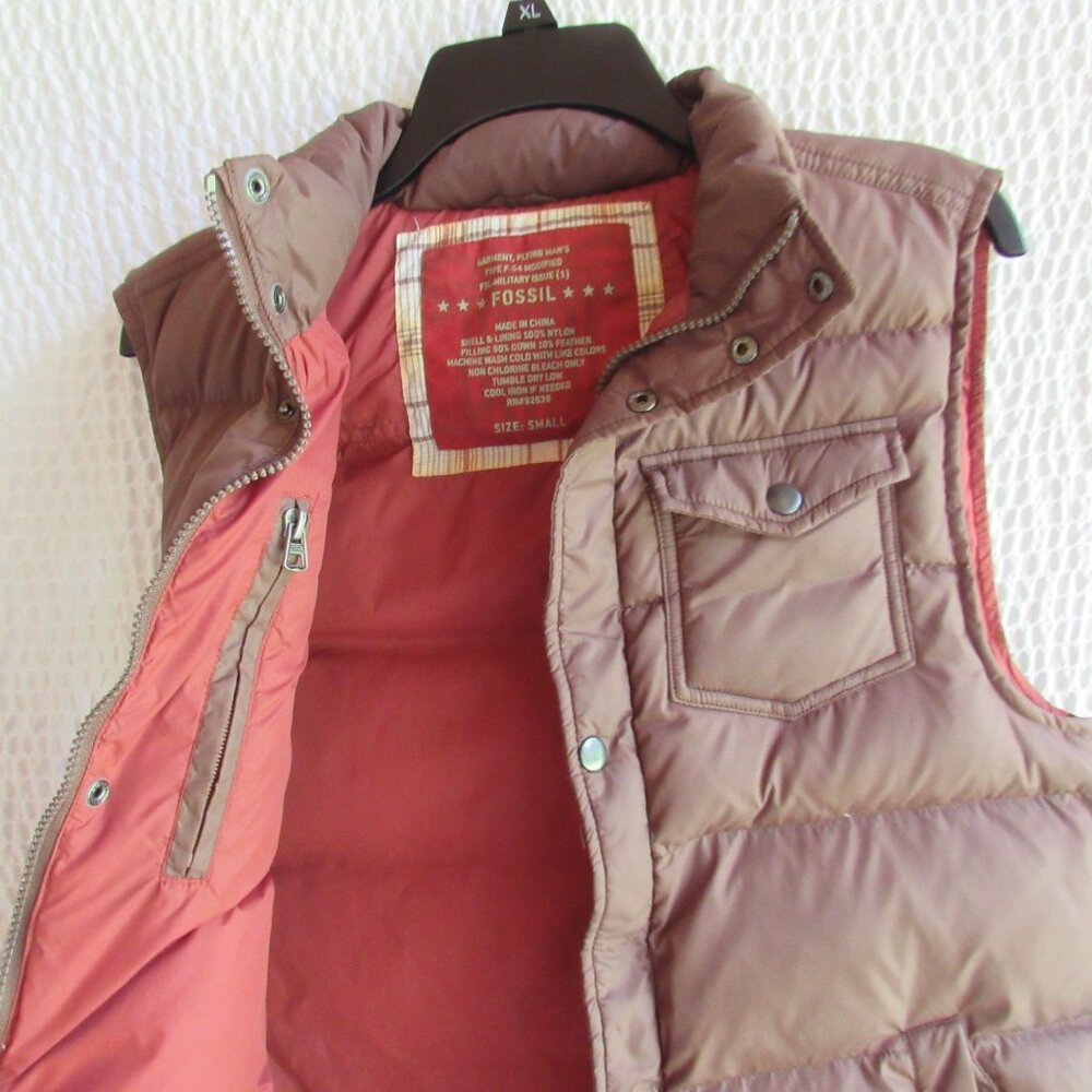 Fossil Flying Man’s Military Issue Down Filled Puffer Best Mens S Zip Snap Brown